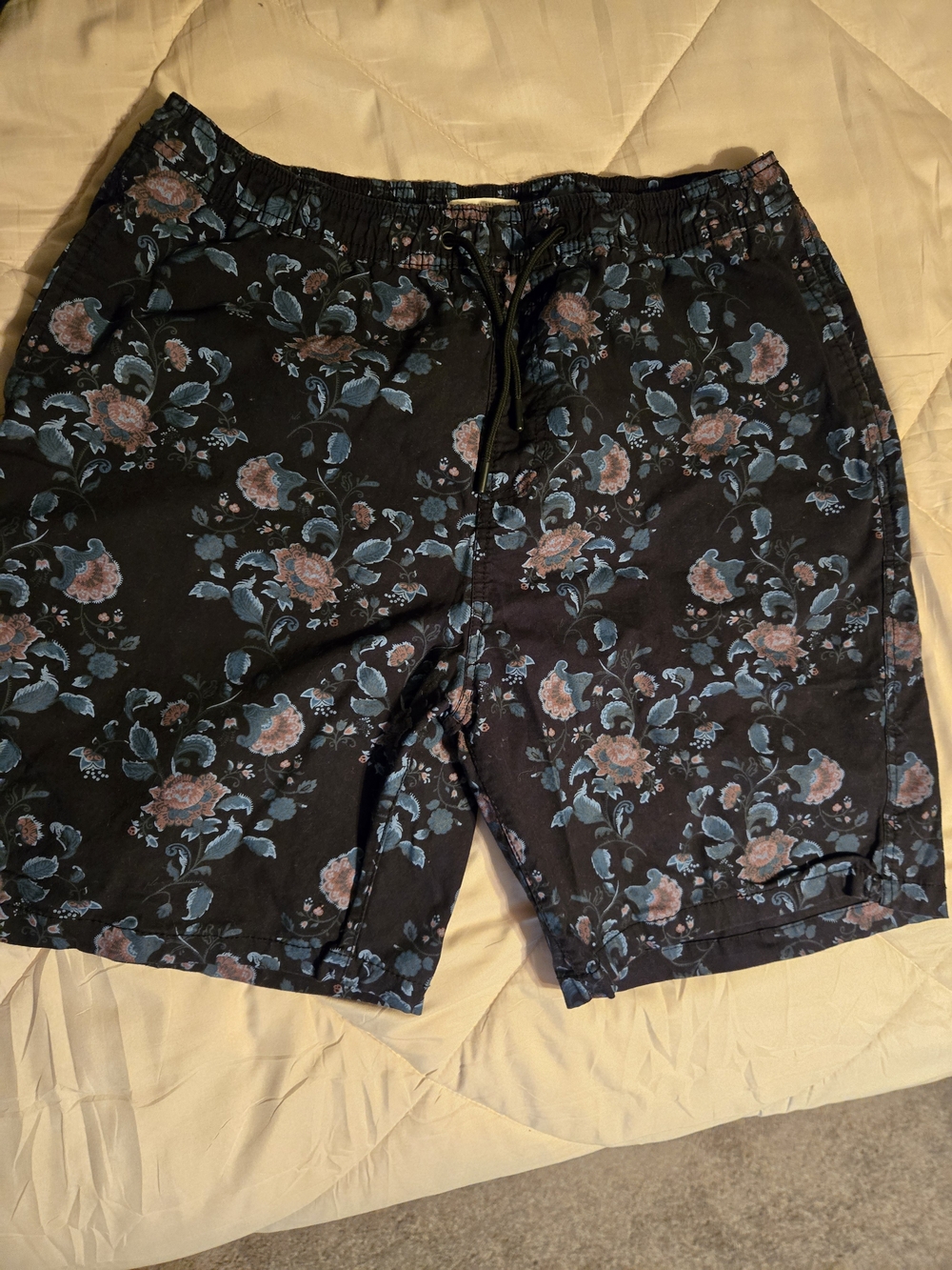 Michael Brandon Black Swim Trunks with Blue and Pink Floral Print